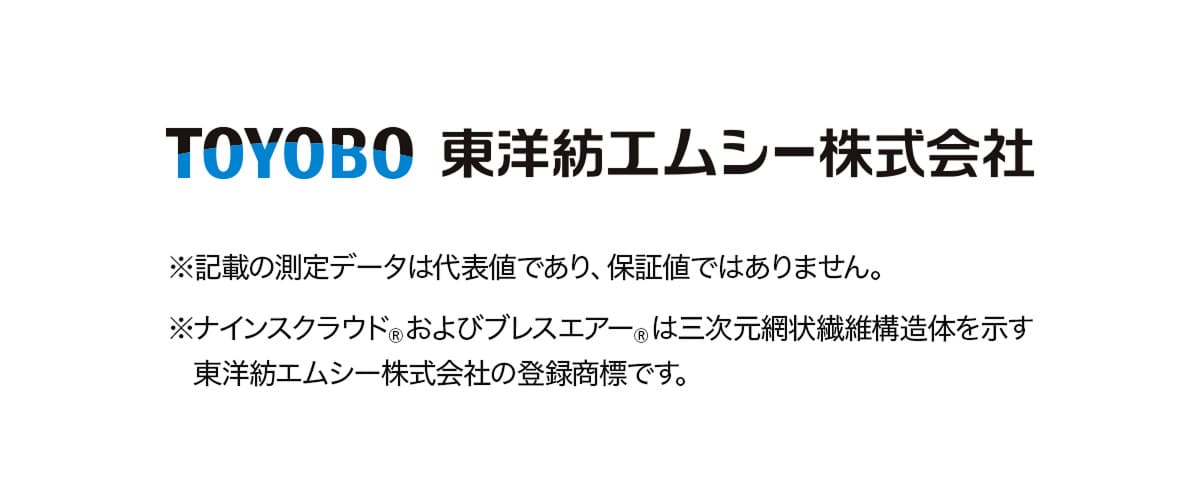 TOYOBO 東洋紡エムシー株式会社 ※記載の測定データは代表値であり、保証値ではありません。※ナインスクラウド&reg;およびブレスエアー&reg;は三次元網状繊維構造体を示す東洋紡エムシー株式会社の登録商標です。